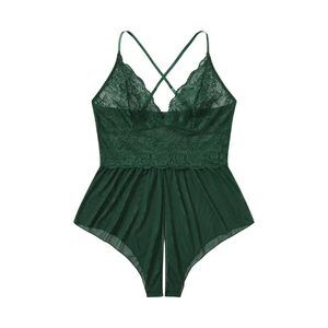 3584 Plus Size Lingerie Sheer Mesh Floral Lace Cutout Teddy Bodysuit Green